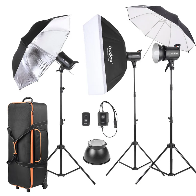 Kit de 3 flashes estúdio 300Ws (Godox)